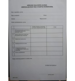 0148 Arkusz zaliczeń ucznia ubiegającego sie o kartę rowerową MEN VI/28