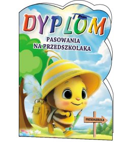 Wykrawany dyplom pasowania na przedszkolaka z małą pszczółką w kapeluszu i plecakiem, wzór C131