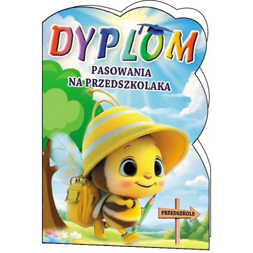 Wykrawany dyplom pasowania na przedszkolaka z małą pszczółką w kapeluszu i plecakiem, wzór C131