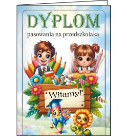 Składany dyplom pasowania na przedszkolaka z dziećmi, kredkami i tabliczką Witamy, wzór C166