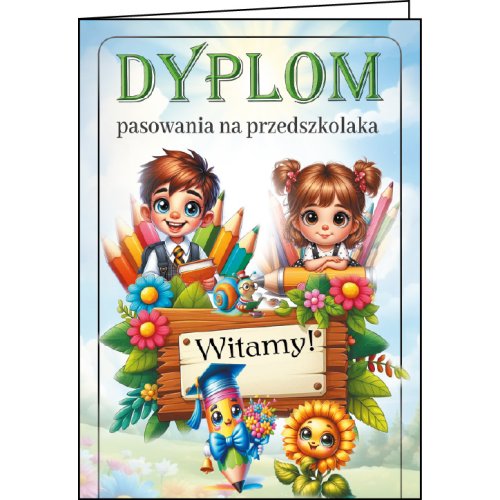 Składany dyplom pasowania na przedszkolaka z dziećmi, kredkami i tabliczką Witamy, wzór C166 Składany dyplom pasowania na przedszkolaka z dziećmi, kredkami i tabliczką Witamy, wzór C166