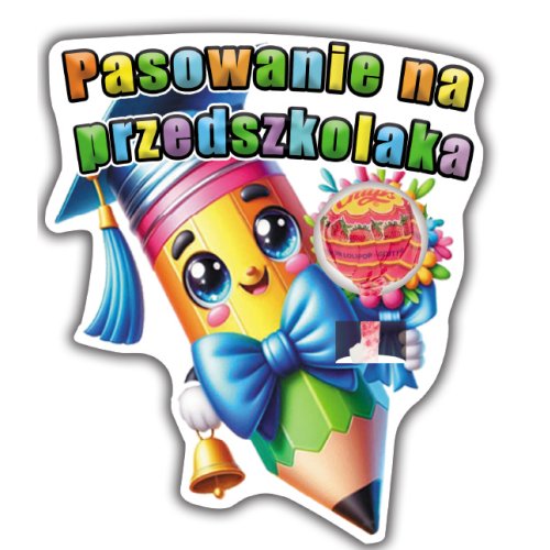 Kartonowe etui z lizakiem na pasowanie na przedszkolaka z wesołą kredką w birecie i dzwonkiem, wzór LZ11