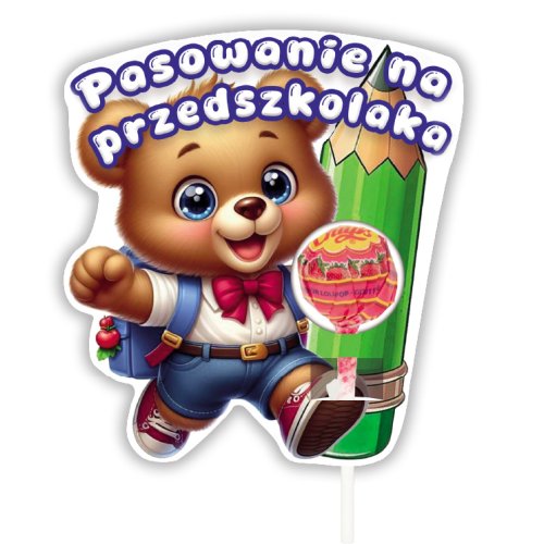 Kartonowe etui z lizakiem na pasowanie na przedszkolaka z wesołym misiem i dużą zieloną kredką, wzór LZ12