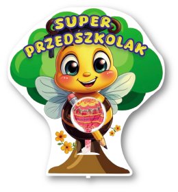 Kartonowe etui z lizakiem dla super przedszkolaka z wesołą pszczółką na tle drzewa, wzór LZ13