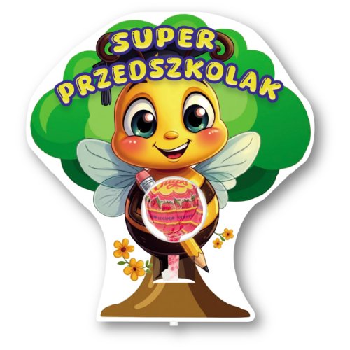 Kartonowe etui z lizakiem dla super przedszkolaka z wesołą pszczółką na tle drzewa, wzór LZ13