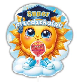 Kartonowe etui z lizakiem dla super przedszkolaka z promiennym słoneczkiem w birecie i trampkach, wzór LZ14